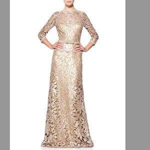 Tadashi Shoji Blush Sequin Paillette Embroidered Lace illusion 3/4 Sleeve Gown